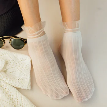 אישה תחרה שקופה חיפוי לבן הקרסול קצר גרביים חמוד אופנה יפנית Harajuku לוליטה גבוהה גרביים ארוכות עם קפלים
