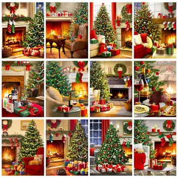 PhotoCustom ציור למבוגרים לפי מספרים אמנות קיר קנבס, עץ חג המולד תנור ציור מודרני על עיצוב הבית