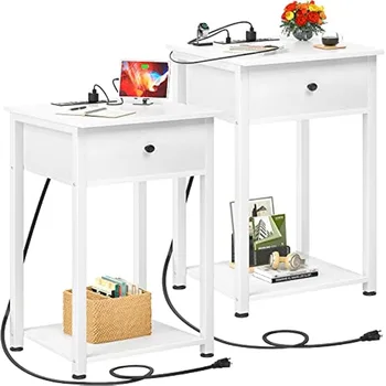 השידה סט של 2 עם טעינה, השולחן, שולחן צד עם יציאות USB, עץ לילה לבן, שולחן ליד המיטה, לבן