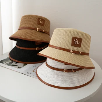 אופנה בסגנון בריטי קטן אגן כובעים לנשים הקיץ שטוח כובעי קש קצר ברים תיק קצה כובעי קש שמשיה בחוף דלי הכובע