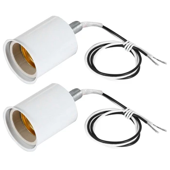 2X E27 קרמיקה בורג בסיס סיבוב הנורה LED מנורה, שקע בעל מתאם מתכת מנורה מחזיק עם חוט לבן.