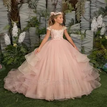 תחרות ילדים ורוד בשכבות פרח שמלת ילדה פרחוני תחרה ילדים מסיבת חתונה בגדים הנסיכה הטקס הראשון קטן שמלת הכלה
