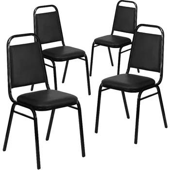 פלאש רהיטים 4 Pack הרקולס סדרה טרפז חזרה לערום אירועים כיסא שחור ויניל - מסגרת שחורה