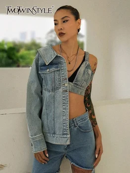 TWOTWINSTYLE סימטרית האינדיבידואליות 'קט ג' ינס לנשים דש שרוול ארוך מזדמן קצר מעילי נשית אופנה חדשה 2022