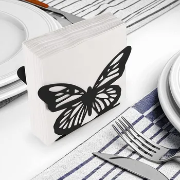 צורת פרפר מחזיק מפיות אופנה שחור/ לבן ברזל פרפר מתכת טבעות מפיות, מפית טישו מחזיק על שולחן האוכל
