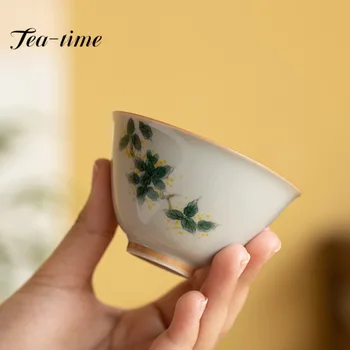 60ml חיקוי עתיק כחול בכוסות קרמיקה מצוירים ביד Osmanthus מגנוליה גביע קטן אחד מאסטר כוס תה קונג פו תה סט מתנה