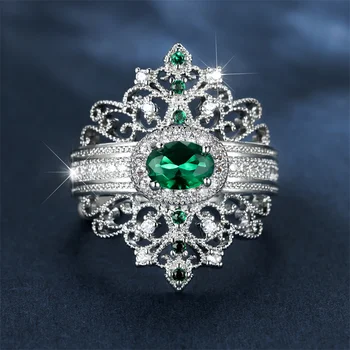 יוקרה נקבה קסם ירוק קריסטל טבעת בצבע כסף, טבעות לנשים אבן סגלגלה אירוסין טבעת פרח תכשיטים