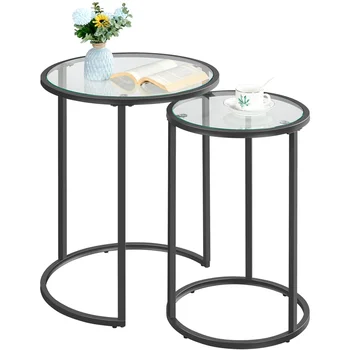 מתכת עגול קינון השולחן סט של 2 עם גבי זכוכית עבור הסלון, שחור