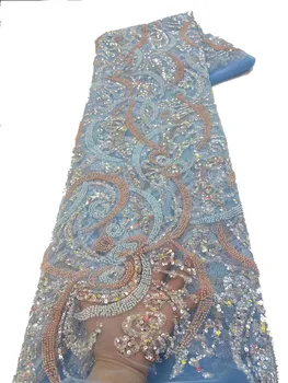 5Y רב צבע כחול אפריקה רקומה טול בד רשת עם חרוזים יוקרה אלג ' יריה פאייטים נטו תחרה ערב שמלת מסיבת החתונה