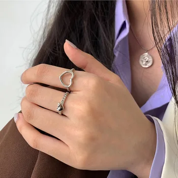 PANJBJ צבע כסף אוהב Hrart הטבעת לנשים בחורה עיצוב רטרו ההגירה מתכוונן חלול תכשיטים מתנת יום הולדת Dropshipping