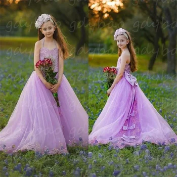 אלגנטית פרח ילדה שמלות לחתונות אפליקציות עם אבנט התינוק הנסיכה ילדים תחרה הטקס הראשון ערב מסיבת נשף שמלות