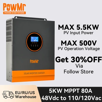 PowMr 110V 5KW 48V MPPT סולארית היברידית מהפך מטען 80A 110V 120V מחוץ לרשת גל סינוס טהור מהפך 4HP מקס PV קלט 500V 5.5 KW