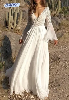 אשליה עמוק V-צוואר חתונה שמלות בוהמי קו כלה שמלת רומנטית קלאסית באורך רצפת שמלת הכלה חלוק De Mariée