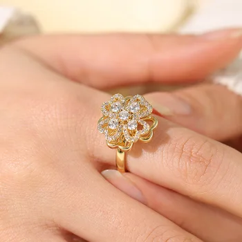 אופנה מזל תלתן סיבוב הטבעת לנשים בלינג זירקון לב בצורת ארבע עלה של פרח פתוח מתכוונן טבעות מתנה ליום הנישואין