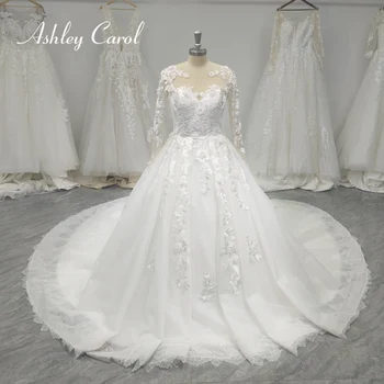 אשלי קרול שמלת נשף שמלת החתונה 2023 שרוול ארוך חרוזים, פרחים אפליקציות מלכותי שמלת כלה תמונות אמיתיות Vestidos דה נוביה