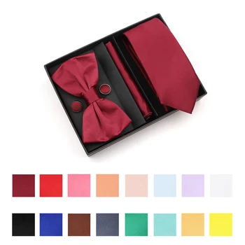 גברים מקרית מוצק צבע העניבה להגדיר תיבה עם עניבה עניבת הפרפר חפתים מטפחת עבור מסיבת החתונה בחליפה אביזרים מתנות
