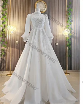 אורגנזה אפליקציות המוסלמים שמלות חתונה עבור כלה שרוול ארוך צוואר גבוה ערבית דובאי חתונה שמלות כלה החלוק De Mariée