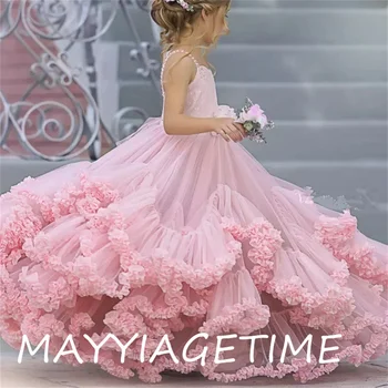 יד קו פרח ילדה שמלות חתונה ספגטי תחרה פרחוני אפליקציות בשכבות בנות תחרות חצאיות