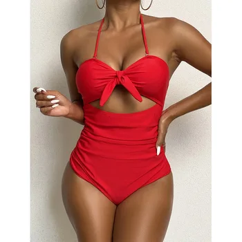 אדום קפלים בגדי ים נשים 2023 צבע מוצק חתיכה אחת ביקיני סקסי חלול החוצה סלים Monokini הקיץ Suspender ללא משענת Beachwear