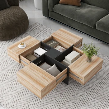 עיצוב ייחודי קפה שולחן עם 4 תאי אחסון נסתרים,שולחן מרובע עם להארכה הזזה שולחן,הסלון