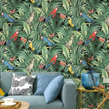 דרום-מזרח אסיה יער גשם טרופי, פרחים, ציפורים טפט עלים ירוקים טפט לחיות במלון חדר השינה ציור הקיר