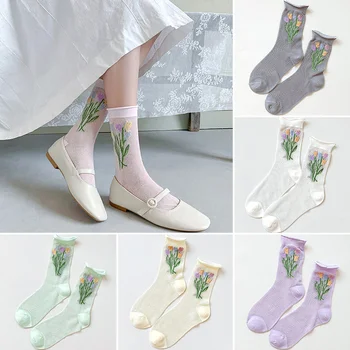אופנה חדשה אולטרה דק צבעוני גרביים זכוכית משי באמצע צינור Socking לנשים חמוד מתוק הקיץ חלול החוצה שקוף מוערמים גרביים