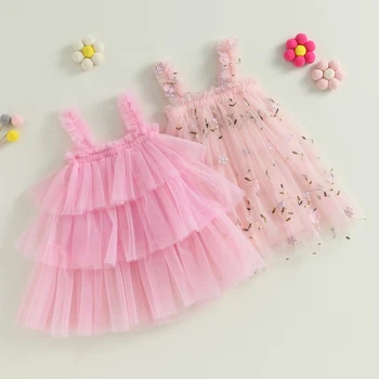 Pudcoco תינוקות ילדים ילדות קו-שמלה ללא שרוולים מוצק/פרח שמלת מסיבת קיץ טול שמלת יומי 6M-4T