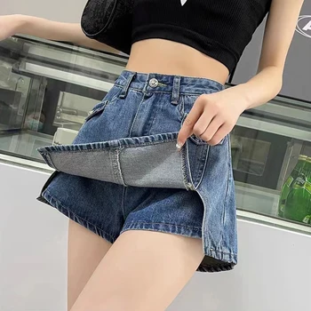 Gidyq נשים מכנסי ג ' ינס קצרים קוריאני רטרו אופנת רחוב מזדמן רזה פיצול מכנסיים קצרים בקיץ כל התאמה גבוהה המותניים נקבה מכנסיים חצאית
