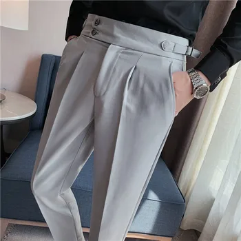 2023Men שמלה מכנסיים עסקי מזדמן עטוף גבוהה המותניים מכנסיים גברים מוצק צבע מכנסיים פורמליים זכר רשמי במשרד חברתית המכנסיים