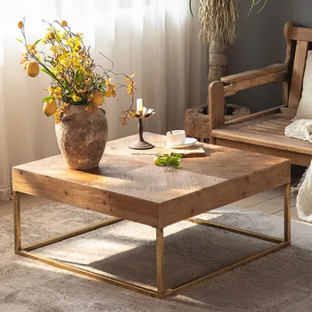 רטרו פשוטה כיכר יוקרה מעץ מלא שולחן הקפה עם הרגליים ברזל ספה השולחן העגול בצד מרכז שולחן הסלון רהיטים