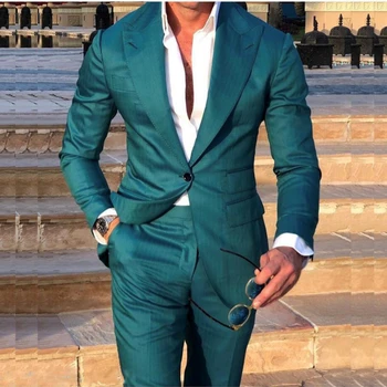 תחפושת Homme ירוק חליפות הגברים חליפת חתן Slim Fit תפורים חליפות שושבינים נשף מסיבת חליפות ז ' קט+מכנסיים Terno Masculino
