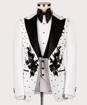 פרח בדוגמת לבן-שחור חתונת יוקרה טוקסידו חתן Slim Fit 3pcs בלייזר אפוד מכנסיים אישית חליפה של גבר.