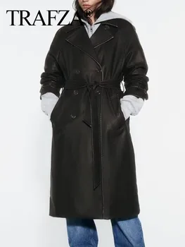 TRAF ZA אישה רזה מעיל רוח מוצק Turn-למטה צווארון שרוול ארוך חגורה כפולה עם חזה סתיו אופנה מעיל אישה 2023 אופנתי