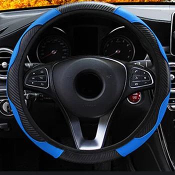 38CM המכונית כיסוי גלגל הגה שחור כחול אנטי להחליק סיבי פחמן עור הגה מכסה אלסטי סגנון אוטומטי הפנים אביזרים