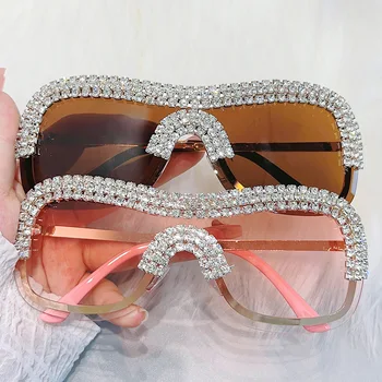 Mosengkw אופנה חדשה מנופחים חתיכה אחת נשים ריינסטון משקפי שמש ללא שפה יהלומים שרשרת משקפיים