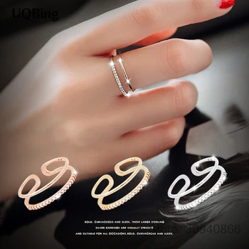 כסף סטרלינג 925 מוגז קריסטל Doule שכבת טבעת לנשים עיצוב גיאומטרי טבעת אופנה תכשיטים יפים מתנת החתונה